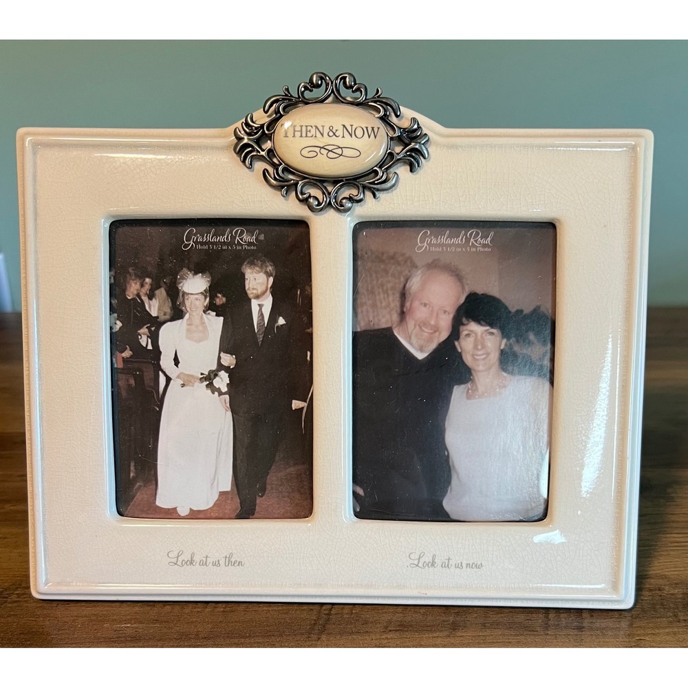 Grasslands Road Then & Now Double Picture Frame Ivory Ceramic 3.5x5 Anniversary